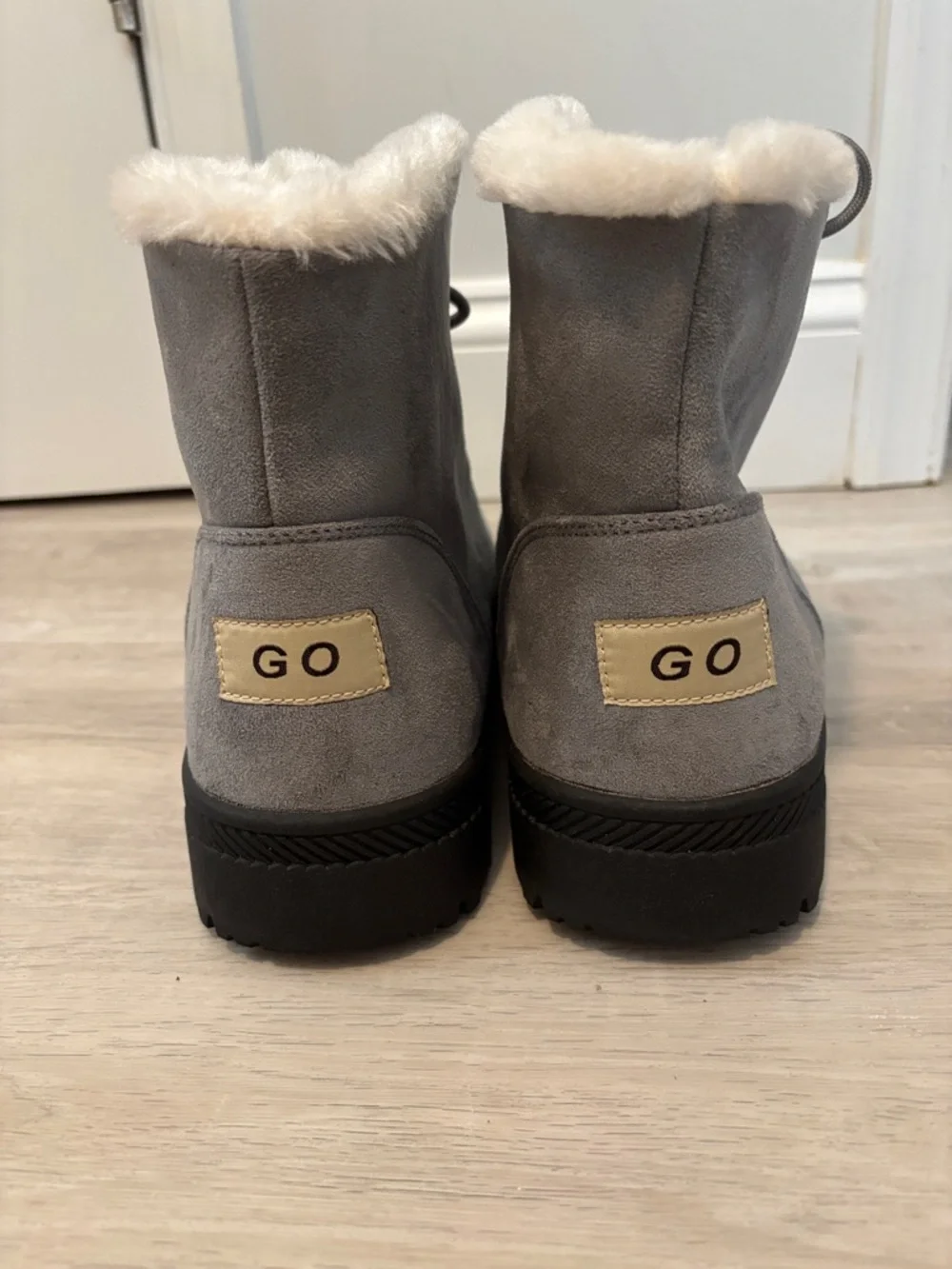 GO Branded Gray Suede Faux-Fur Ankle Boots